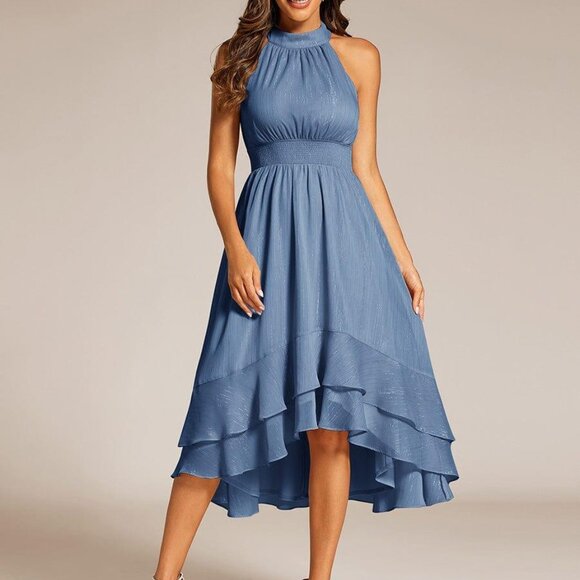 Sparkly High-Low Ruffle Halter Neck Wedding Guest Dress - Picture 1 of 2